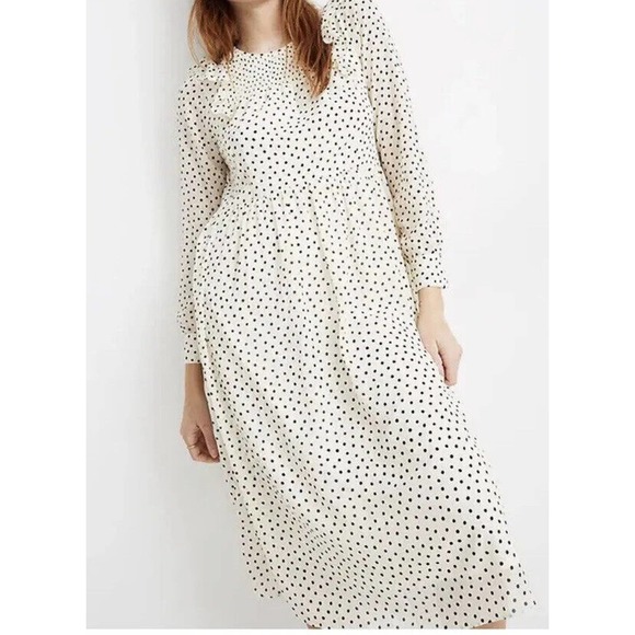 Madewell Dresses & Skirts - Madewell By J.Crew Smocked Ruffle-Shoulder Midi Dress Inkbrush Dots Sz XL $148